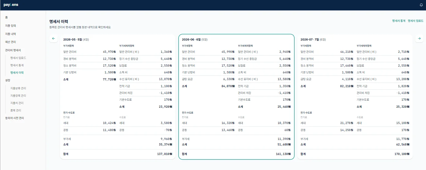 관리비 명세서 이력 화면 — 월별 관리비 명세서를 원본 내역으로 비교 확인